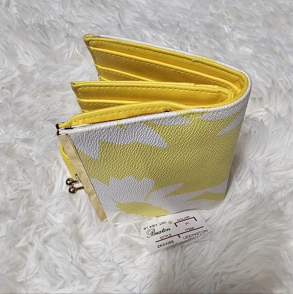 Tri-Fold Wallet BUXTON Yellow & White RFID Coin Purse Pebble Leather Floral - Picture 3 of 12